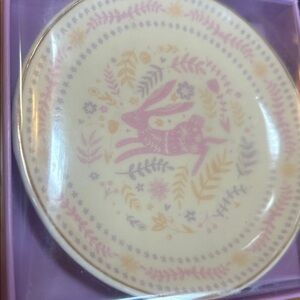 New in Box Two if by Sea Floral Rabbit Design Plate Cream, Pink, Gold ring tray